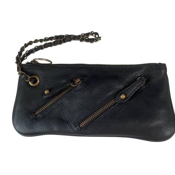 Betsey Johnson Black Leather Wristlet Punk Rock Clutch Chain Zipper Edgy Bag - Picture 4 of 7